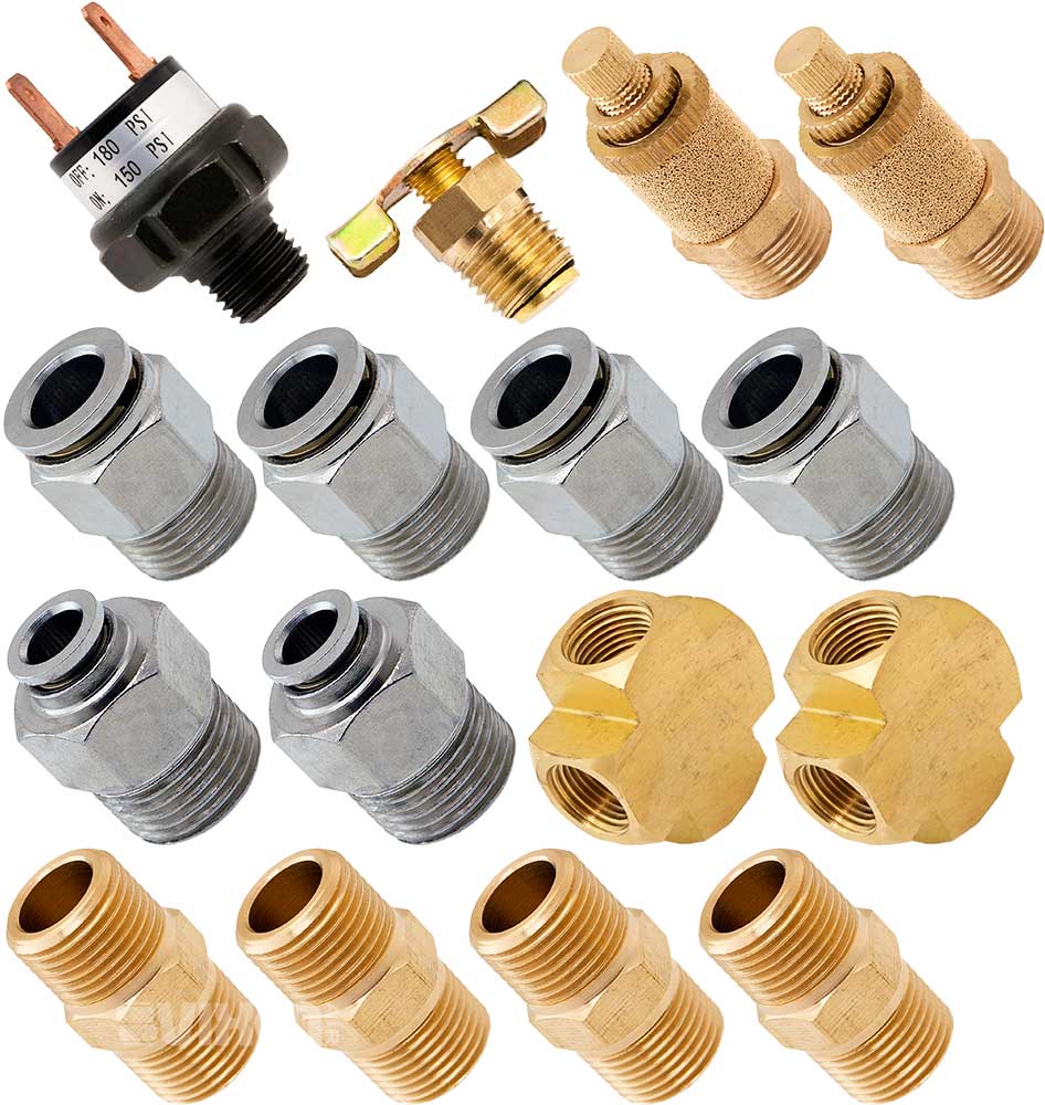 VIXEN AIR VXK3833 SET OF FITTINGS FOR FOUR 3/8" NPT AIR VALVES USING 3/8" AND 1/4" OD AIR LINES, PRESSURE SWITCH INCLUDED image 0