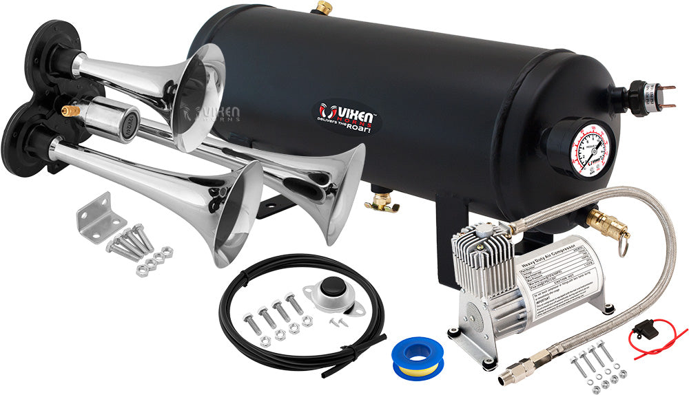 VIXEN HORNS VXO8715/3311 TRIPLE TRUMPET TRAIN AIR HORN CHROME PLATED WITH 1.5 GALLON TANK AND 150 PSI COMPRESSOR image 0