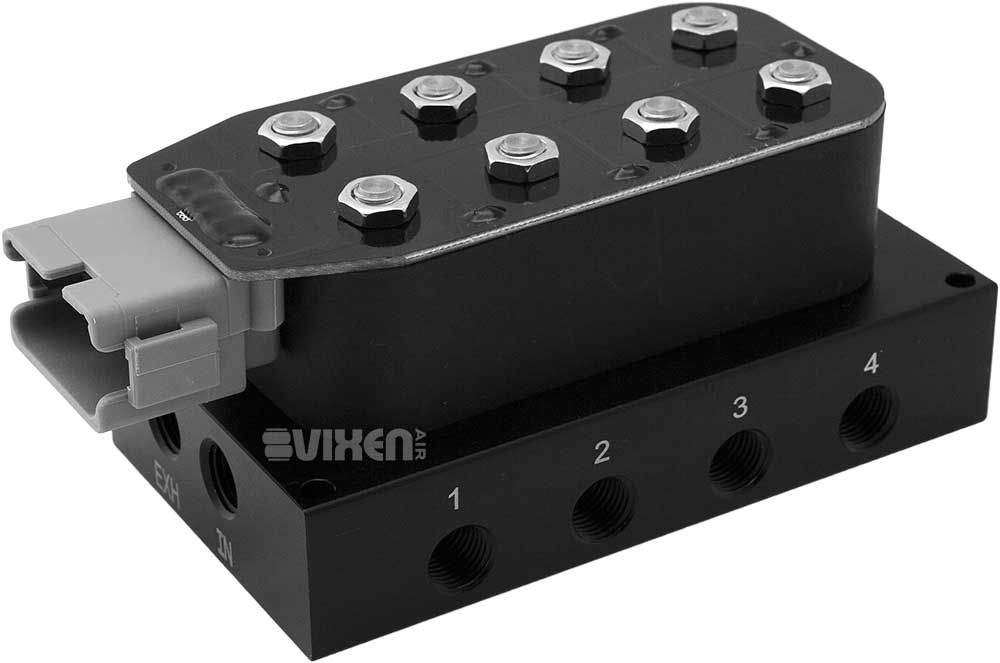 VIXEN AIR VXF4CM0126B 8 VALVE SUSPENSION MANIFOLD WITH FOUR AIR SPRINGS, TWO DUAL NEEDLE BLACK GAUGES, 3/8" OD HOSE 100 FT, 1/4" OD HOSE 50 FT AND FITTINGS image 1
