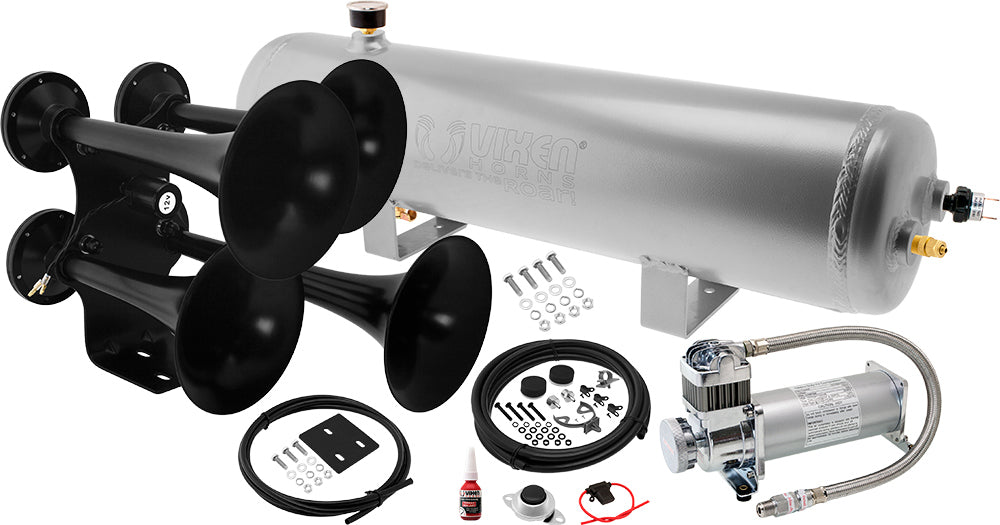VIXEN HORNS VXO8330APRO/4318B QUAD TRUMPET TRAIN AIR HORN BLACK WITH 3 GALLON ALUMINUM TANK AND 200 PSI COMPRESSOR image 0