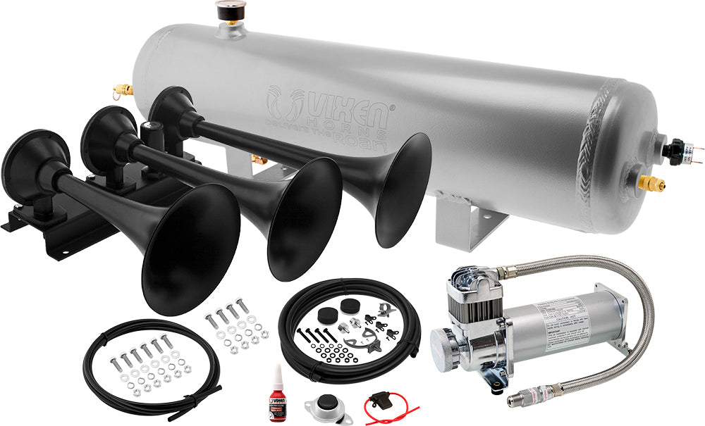 VIXEN HORNS VXO8330APRO/3418B TRIPLE TRUMPET TRAIN AIR HORN BLACK WITH 3 GALLON ALUMINUM TANK AND 200 PSI COMPRESSOR image 0