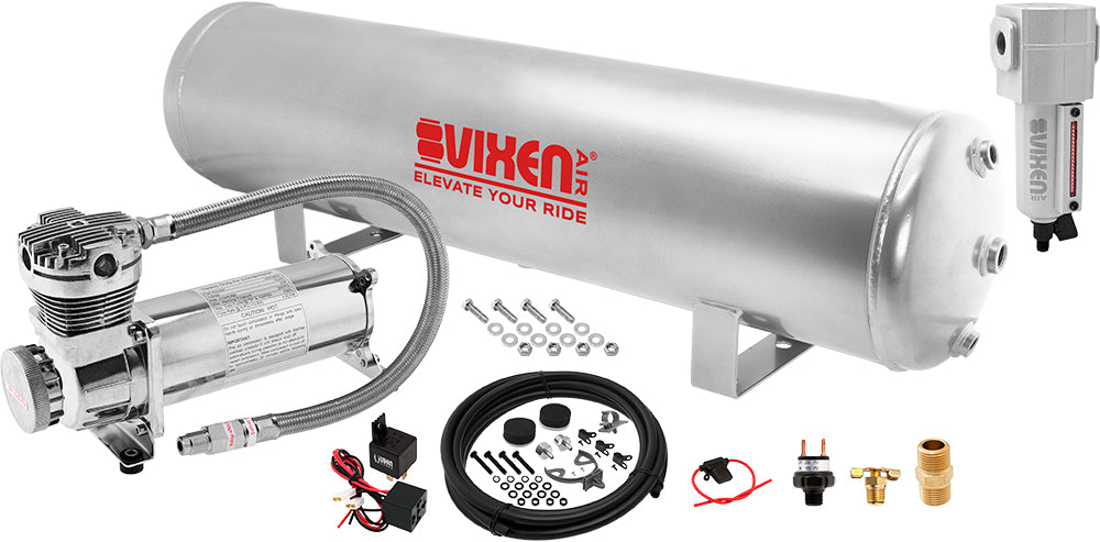 VIXEN AIR VXO4852GCF 5 GALLON STEEL AIR TANK SILVER WITH 200 PSI AIR COMPRESSOR ONBOARD AIR SYSTEM image 0