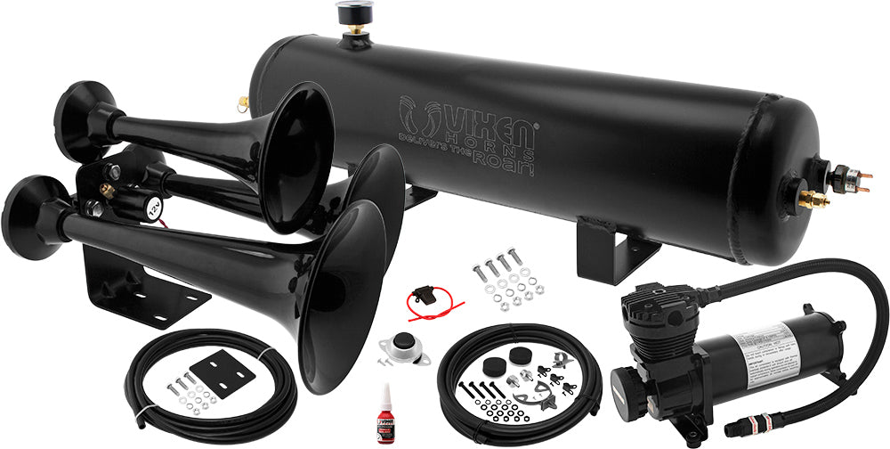 VIXEN HORNS VXO4830AB/3318XB TRIPLE TRUMPET ABS TRAIN AIR HORN BLACK WITH 3 GALLON ALUMINUM TANK AND 200 PSI COMPRESSOR image 0