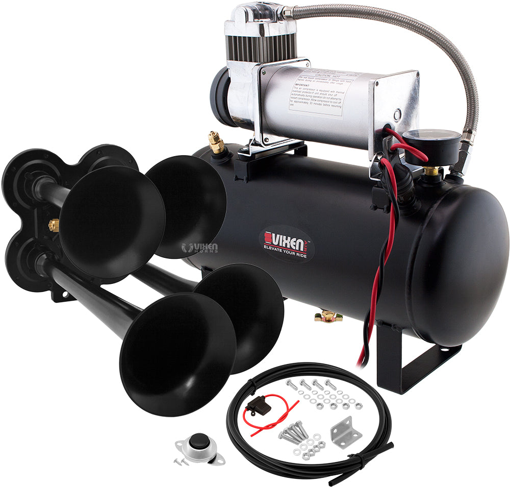 VIXEN HORNS VXO8560/4114B QUAD TRUMPET TRAIN AIR HORN BLACK WITH 2 GALLON TANK AND 150 PSI COMPRESSOR image 0
