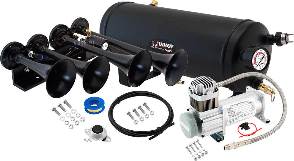 VIXEN HORNS VXO8115/4124B QUAD TRUMPET TRAIN AIR HORN BLACK WITH 1.5 GALLON TANK AND 150 PSI COMPRESSOR image 0