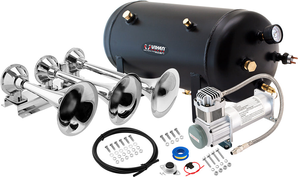 VIXEN HORNS VXO8350/3418 TRIPLE TRUMPET TRAIN AIR HORN CHROME PLATED WITH 5 GALLON TANK AND 200 PSI COMPRESSOR image 0