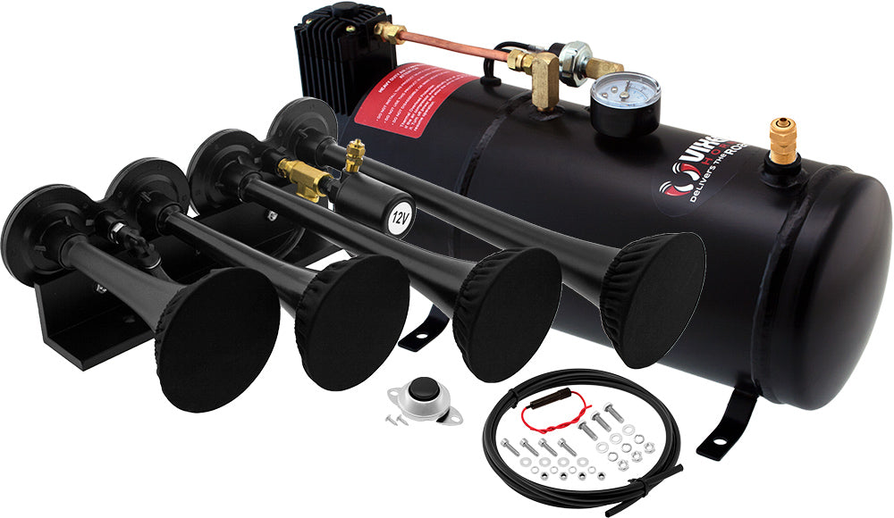 VIXEN HORNS VXO8210/4124B/P QUAD TRUMPET TRAIN AIR HORN WITH COVERS BLACK, 1 GALLON TANK AND 150 PSI COMPRESSOR image 0