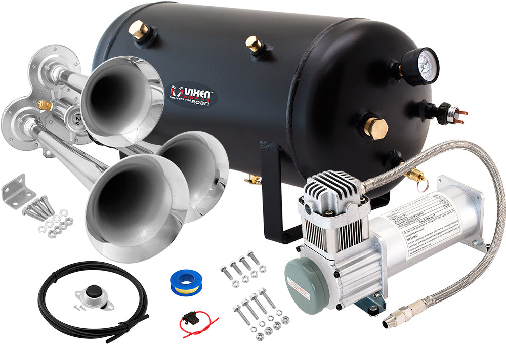 VIXEN HORNS VXO8350/3114C TRIPLE TRUMPET TRAIN AIR HORN CHROME PLATED WITH 5 GALLON TANK AND 200 PSI COMPRESSOR image 0