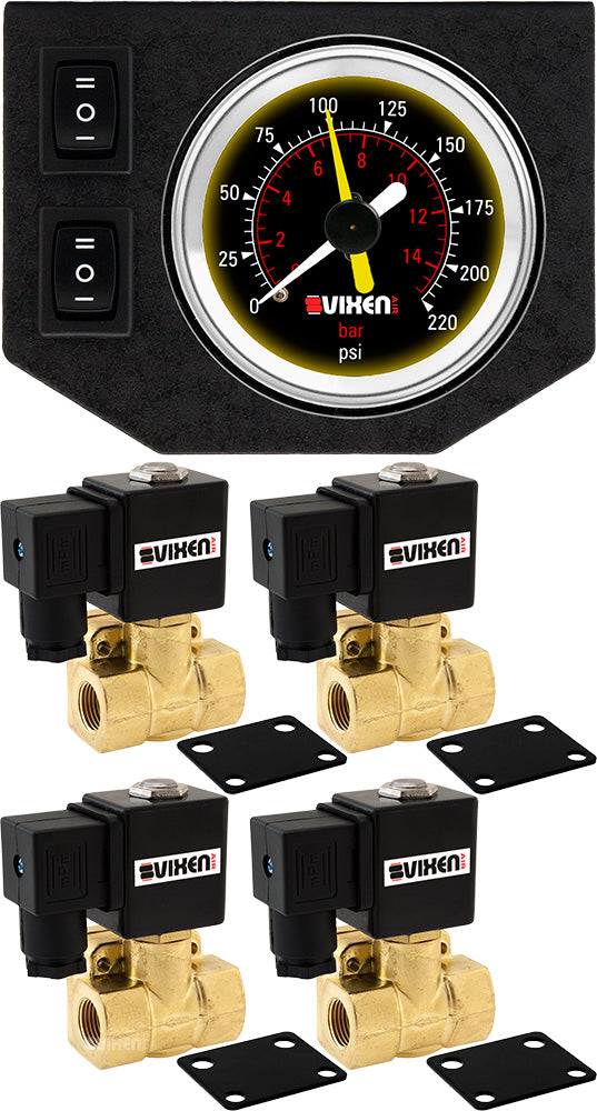 VIXEN AIR VXF1G4038B 3/8" NPT ELECTRIC AIR VALVE (SOLENOID) 250PSI 12V (4-PACK) WITH 1 DUAL NEEDLE GAUGE/2 SWITCH DASH PANEL KIT BLACK image 0