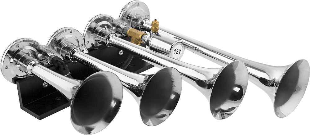 VIXEN HORNS VXH4124C/P FOUR TRUMPET TRAIN AIR HORN WITH COVERS CHROME PLATED WITH BLACK BASE image 1