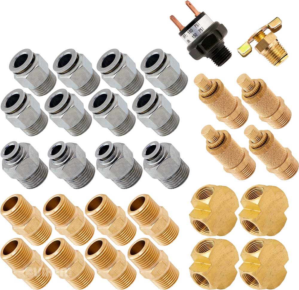 VIXEN AIR VXK3803 SET OF FITTINGS FOR EIGHT 3/8" NPT AIR VALVES USING 3/8" AND 1/4" OD AIR LINES, PRESSURE SWITCH INCLUDED image 0
