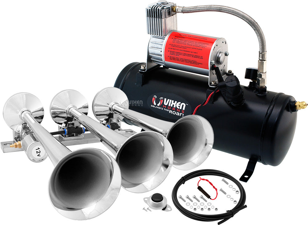 VIXEN HORNS VXO8530/3118 TRIPLE TRUMPET TRAIN AIR HORN CHROME PLATED WITH 1.5 GALLON TANK AND 150 PSI COMPRESSOR image 0