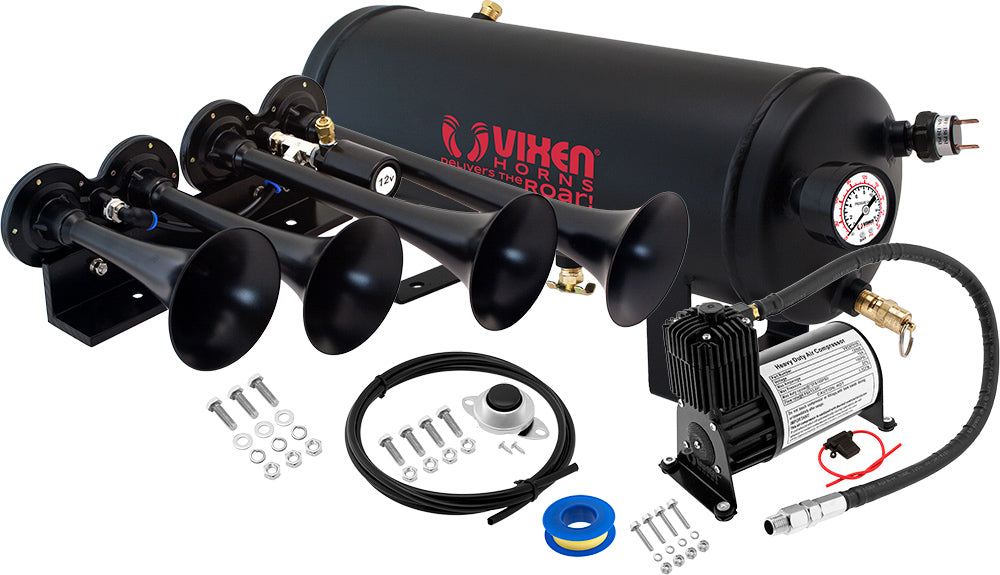 VIXEN HORNS VXO8715B/4124B QUAD TRUMPET TRAIN AIR HORN BLACK WITH 1.5 GALLON TANK AND 150 PSI COMPRESSOR image 0