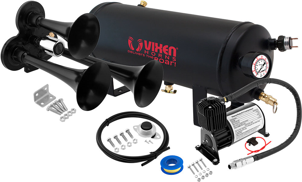 VIXEN HORNS VXO8715B/3311B TRIPLE TRUMPET TRAIN AIR HORN BLACK WITH 1.5 GALLON TANK AND 150 PSI COMPRESSOR image 0