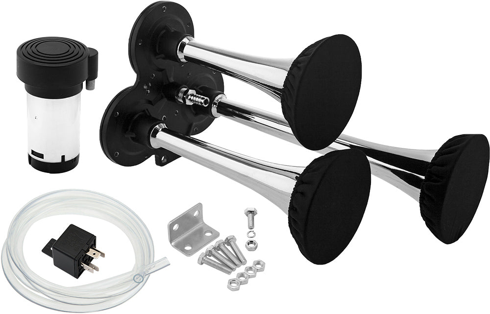 VIXEN HORNS VXH2411C/P TRIPLE TRUMPET TRAIN AIR HORN KIT WITH COVERS CHROME COLOR image 0