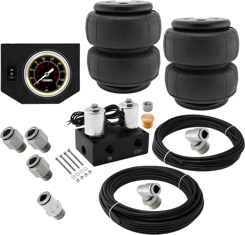VIXEN AIR VXF1CM0126B 2 VALVE SUSPENSION MANIFOLD WITH TWO 2600 AIR SPRINGS, ONE SINGLE NEEDLE BLACK GAUGE PANEL, 3/8" OD HOSE 50 FT, 1/4" OD HOSE 35 FT AND FITTINGS image 0