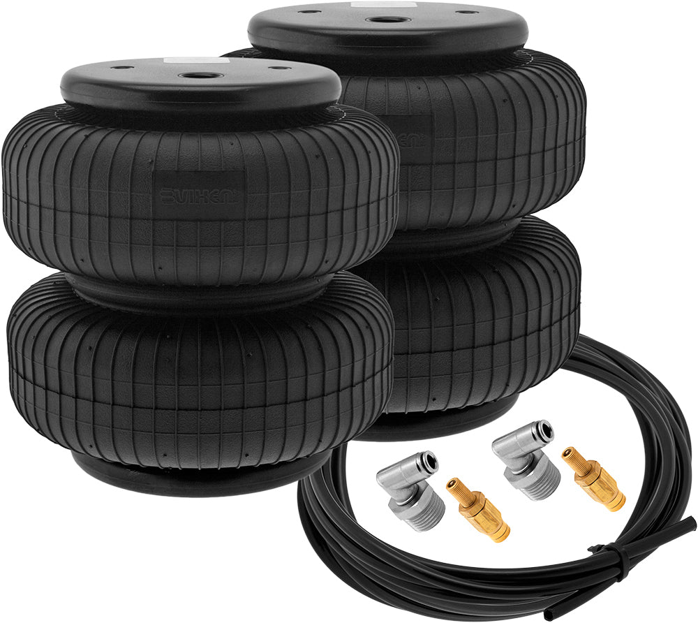 VIXEN AIR VXD3814S 1/2" NPT SINGLE AIR PORT HEAVY DUTY SUSPENSION AIR SPRING/AIR BAG DUAL PACK WITH FITTINGS, SCHRADER VALVES AND 20FT HOSE image 0