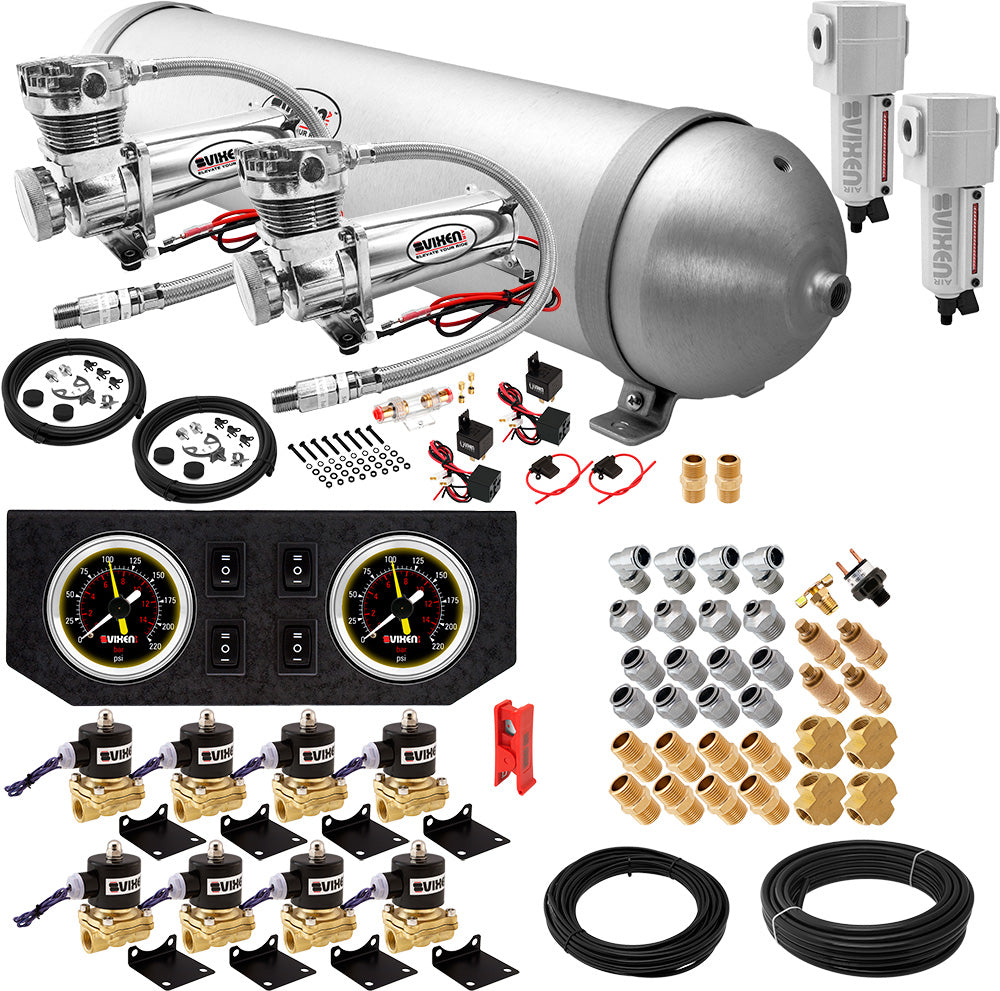 VIXEN AIR VXX1208GB/4850DCF AIR SUSPENSION KIT FOR TRUCK/CAR BAG/AIR RIDE/SPRING. ON BOARD SYSTEM, DUAL 200PSI COMPRESSOR, 5 GALLON ALUMINUM TANK image 0