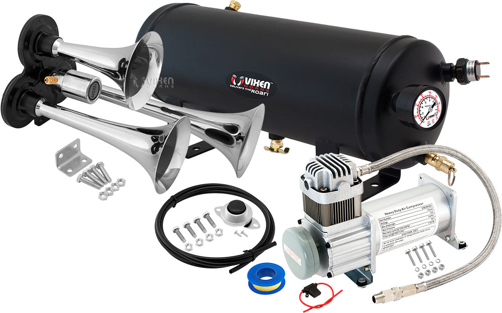 VIXEN HORNS VXO8115/3311 TRIPLE TRUMPET TRAIN AIR HORN CHROME PLATED WITH 1.5 GALLON TANK AND 150 PSI COMPRESSOR image 0