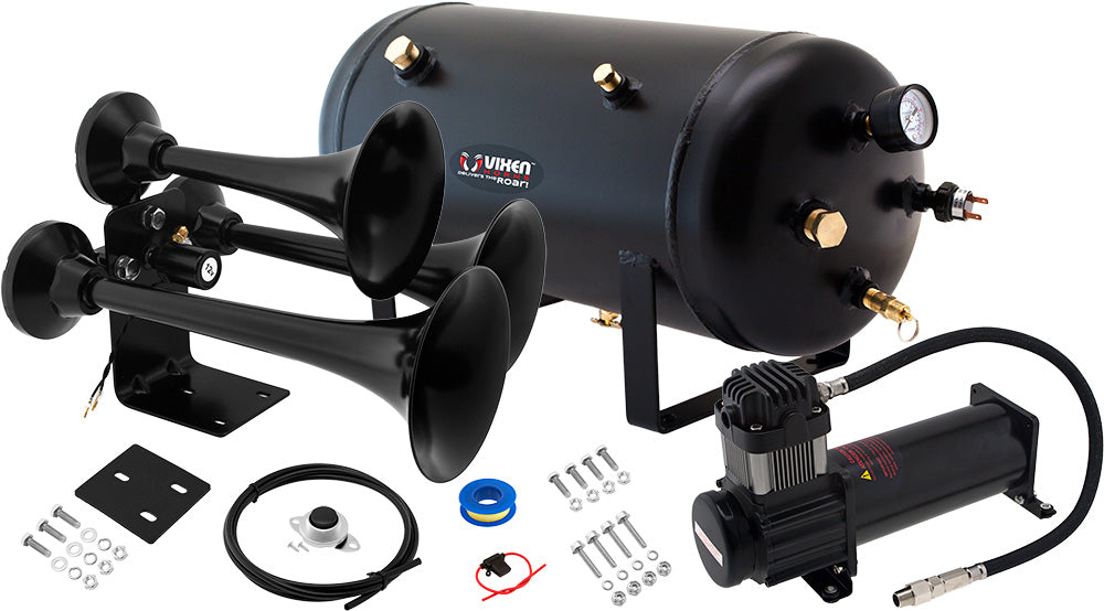 VIXEN HORNS VXO8350B/3318B TRIPLE TRUMPET TRAIN AIR HORN BLACK WITH 5 GALLON TANK AND 200 PSI COMPRESSOR image 0