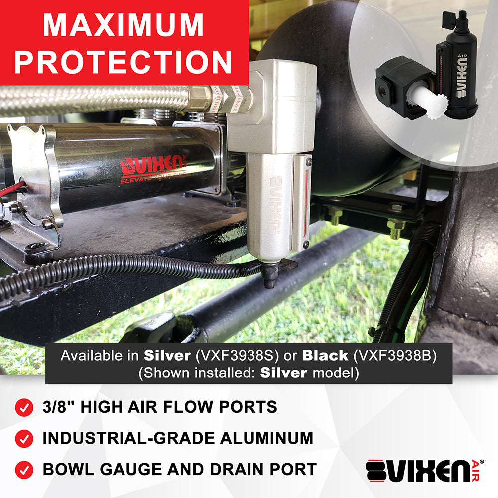 VIXEN AIR VXK3914B 3/8" NPT IN-LINE ALUMINUM AIR FILTER/WATER TRAP KIT BLACK image 1