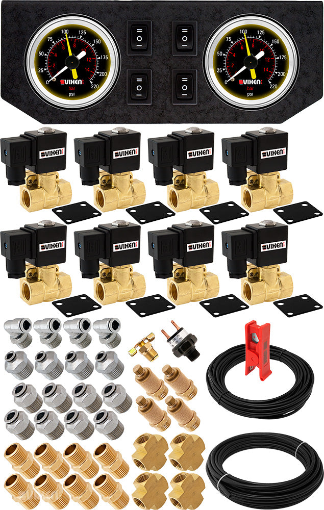 VIXEN AIR VXK1205GB 1/2" NPT AIR RIDE SUSPENSION HIGH FLOW AIR VALVES/SOLENOIDS 250 PSI FOUR CORNERS WITH DUAL BLACK GAUGE, FITTINGS AND HOSES image 0