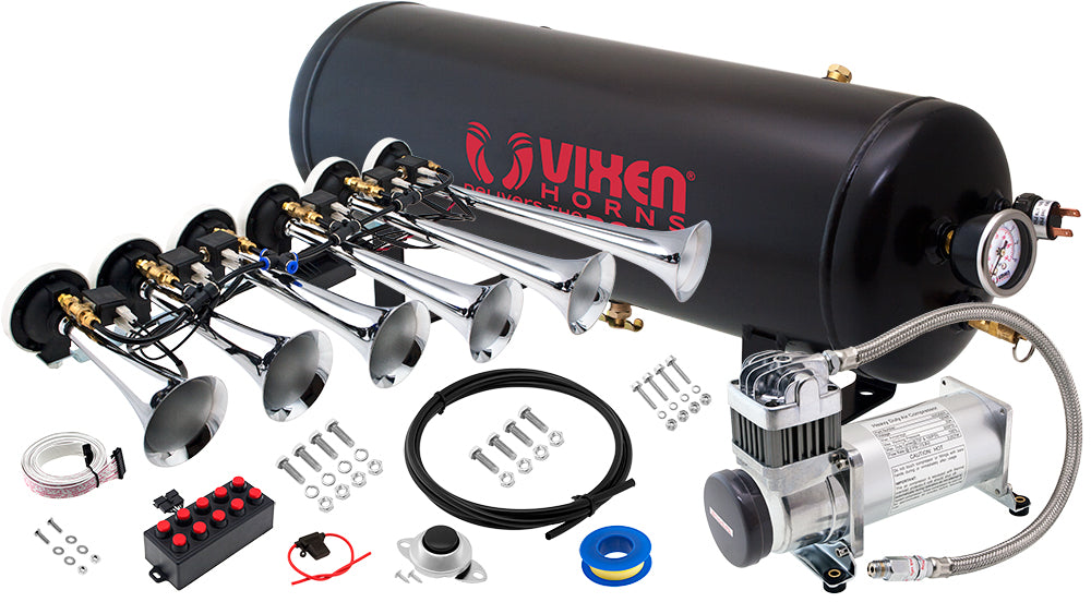 VIXEN HORNS VXO8325/6810C SIX TRUMPET MUSICAL AIR HORN CHROME PLATED WITH 2.5 GALLON TANK AND 200 PSI COMPRESSOR image 0