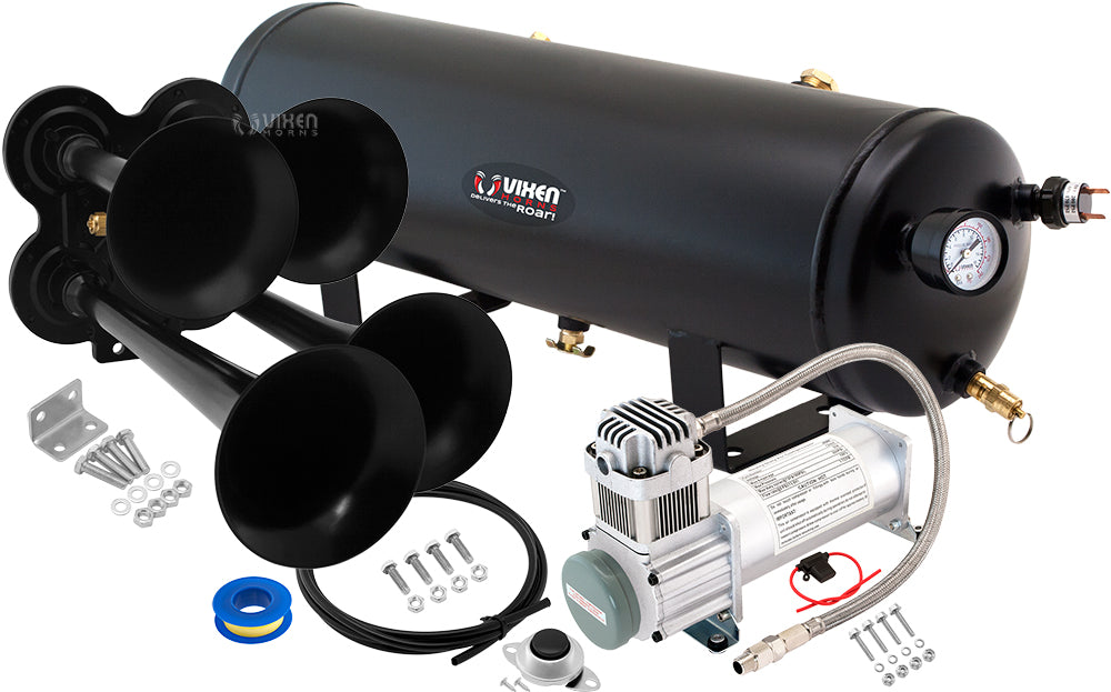 VIXEN HORNS VXO8330/4114B QUAD TRUMPET TRAIN AIR HORN BLACK WITH 3 GALLON TANK AND 200 PSI COMPRESSOR image 0