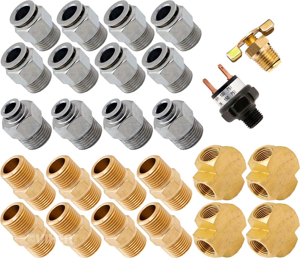 VIXEN AIR VXK3802H SET OF FITTINGS FOR EIGHT 3/8" NPT AIR VALVES WITH 50 FEET 3/8" AND 1/4" OD AIR LINES, PRESSURE SWITCH INCLUDED image 1