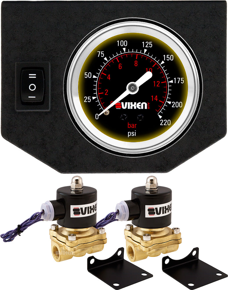 VIXEN AIR VXF0G2038B 3/8" NPT ELECTRIC AIR VALVE (SOLENOID) 210PSI 12V (2-PACK) WITH 1 SINGLE NEEDLE GAUGE/1 SWITCH DASH PANEL KIT BLACK image 0