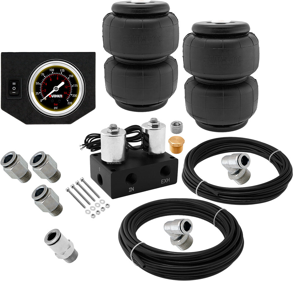 VIXEN AIR VXF1CM0125B 2 VALVE SUSPENSION MANIFOLD WITH TWO 2500 AIR SPRINGS, ONE SINGLE NEEDLE BLACK GAUGE PANEL, 3/8" OD HOSE 50 FT, 1/4" OD HOSE 35 FT AND FITTINGS image 0