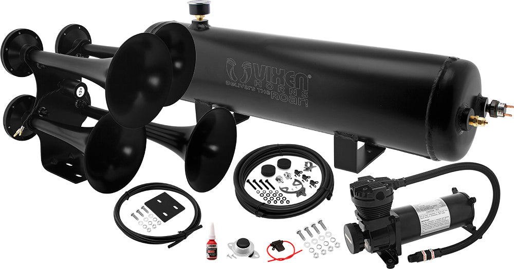 VIXEN HORNS VXO4830AB/4318B QUAD TRUMPET TRAIN AIR HORN BLACK WITH 3 GALLON ALUMINUM TANK AND 200 PSI COMPRESSOR image 0