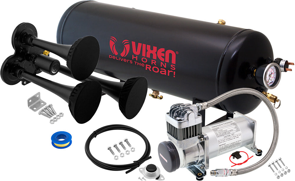 VIXEN HORNS VXO8325/3311B/P TRIPLE TRUMPET TRAIN AIR HORN WITH COVERS BLACK, 2.5 GALLON TANK AND 200 PSI COMPRESSOR image 0
