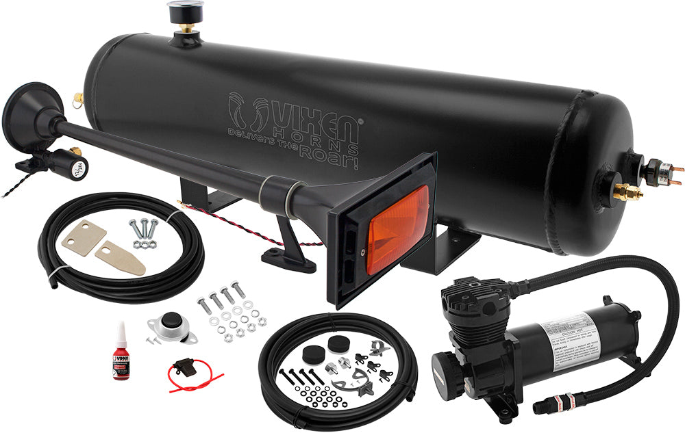 VIXEN HORNS VXO4830AB/1264YB SINGLE TRUMPET TRAIN AIR HORN BLACK WITH 3 GALLON ALUMINUM TANK AND 200 PSI COMPRESSOR image 0