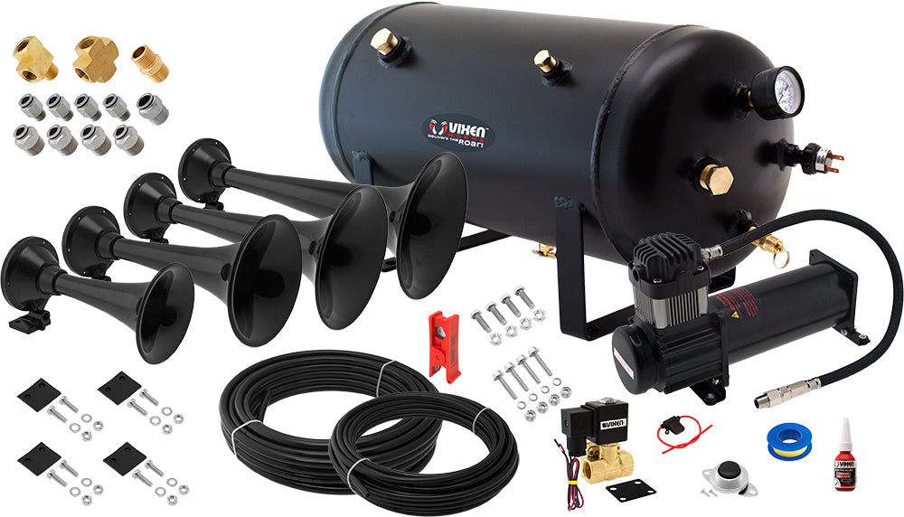 VIXEN HORNS VXO8350B/4901B QUAD TRUMPET ABS TRAIN AIR HORN BLACK WITH 5 GALLON TANK AND 200 PSI COMPRESSOR image 0