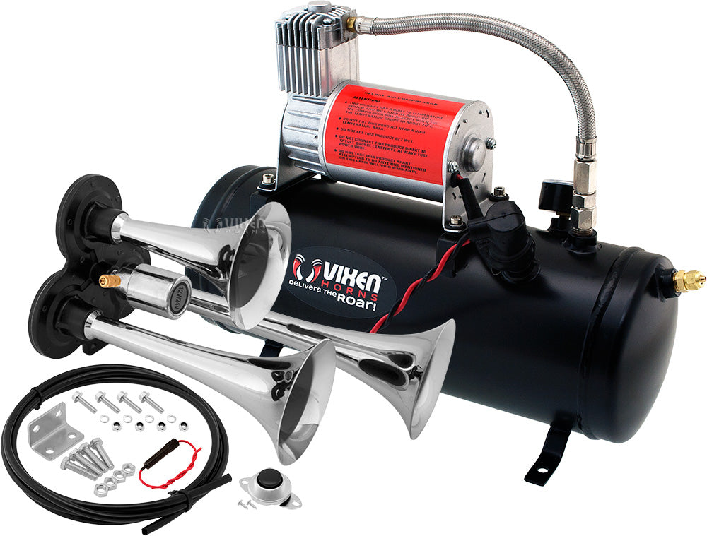 VIXEN HORNS VXO8530/3311 TRIPLE TRUMPET TRAIN AIR HORN CHROME PLATED WITH 1.5 GALLON TANK AND 150 PSI COMPRESSOR image 0