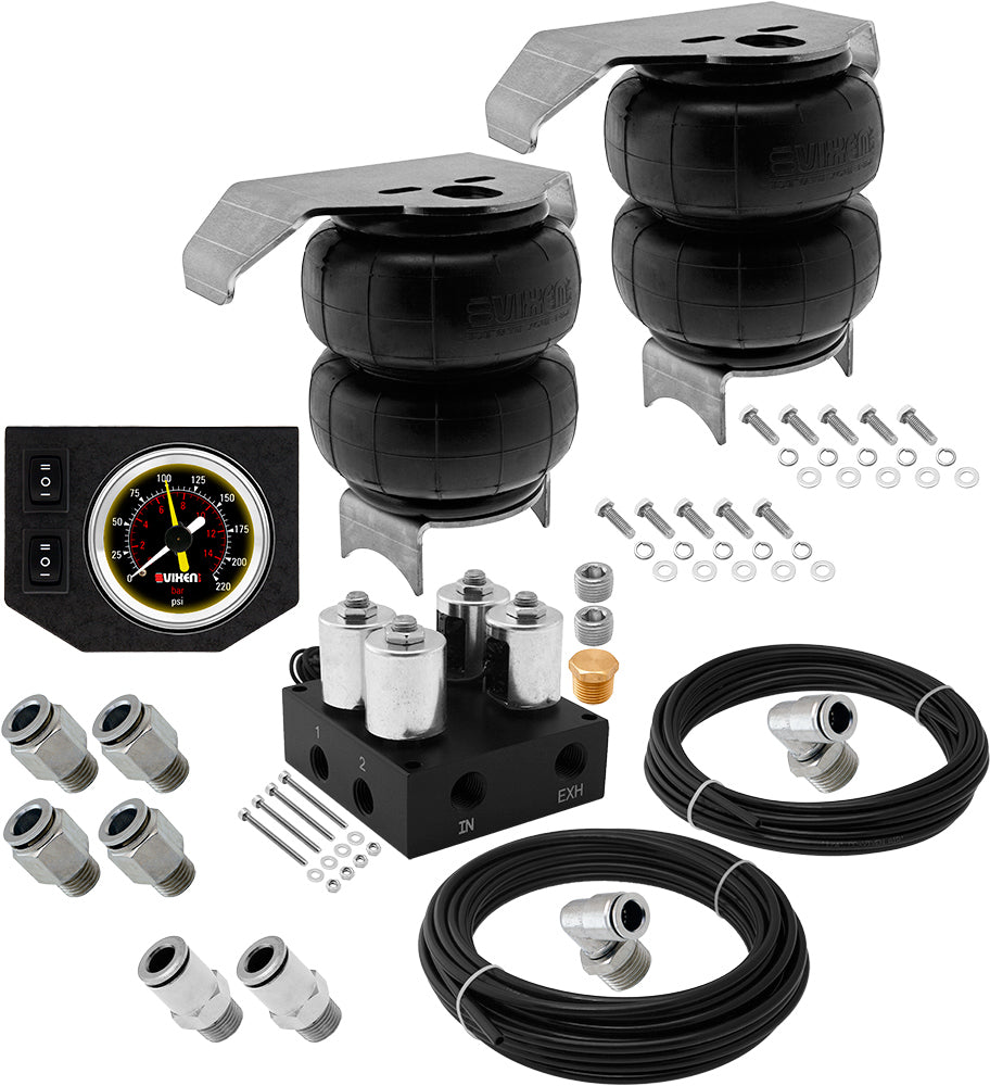 VIXEN AIR VXF2CM0126B/BB 4 VALVE SUSPENSION MANIFOLD WITH TWO 2600 AIR SPRINGS WITH UNIVERSAL BRACKETS, ONE DUAL NEEDLE BLACK GAUGE PANEL, 3/8" OD HOSE 50 FT, 1/4" OD HOSE 35 FT AND FITTINGS image 0