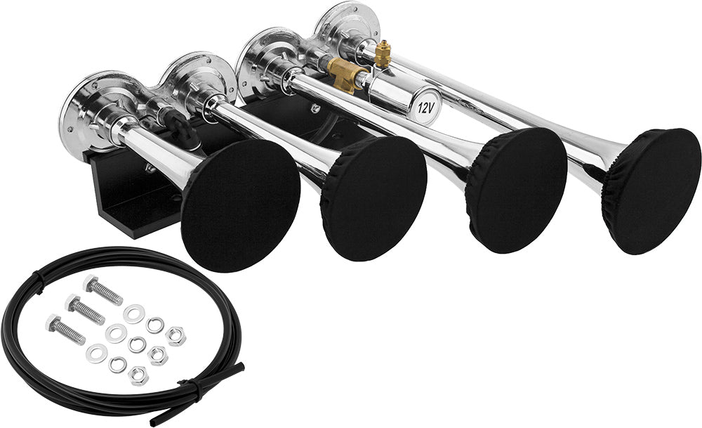 VIXEN HORNS VXH4124C/P FOUR TRUMPET TRAIN AIR HORN WITH COVERS CHROME PLATED WITH BLACK BASE image 0