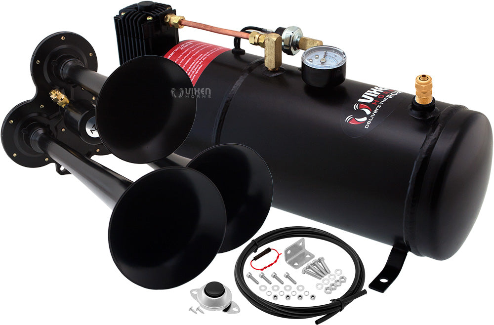 VIXEN HORNS VXO8210/3114B TRIPLE TRUMPET TRAIN AIR HORN BLACK WITH 1 GALLON TANK AND 150 PSI COMPRESSOR image 0