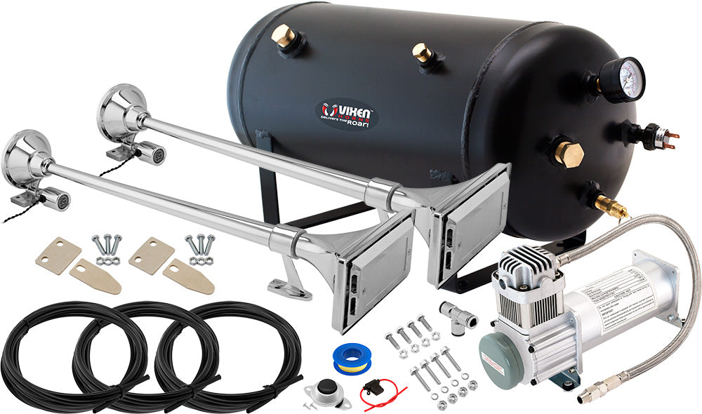 VIXEN HORNS VXO8350/1167C2 DUAL TRUMPET TRAIN AIR HORN CHROME PLATED WITH 5 GALLON TANK AND 200 PSI COMPRESSOR image 0