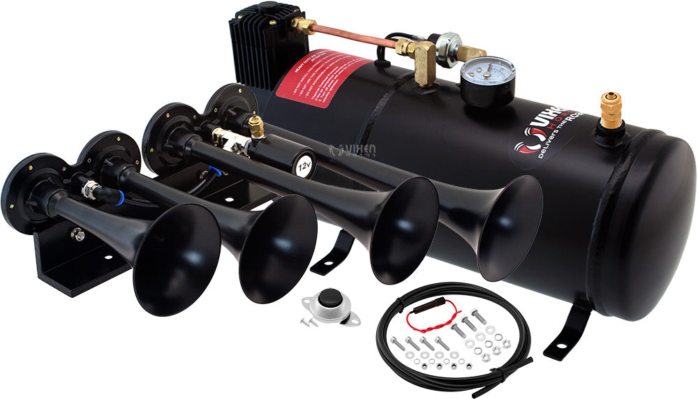 VIXEN HORNS VXO8210/4124B QUAD TRUMPET TRAIN AIR HORN BLACK WITH 1 GALLON TANK AND 150 PSI COMPRESSOR image 0