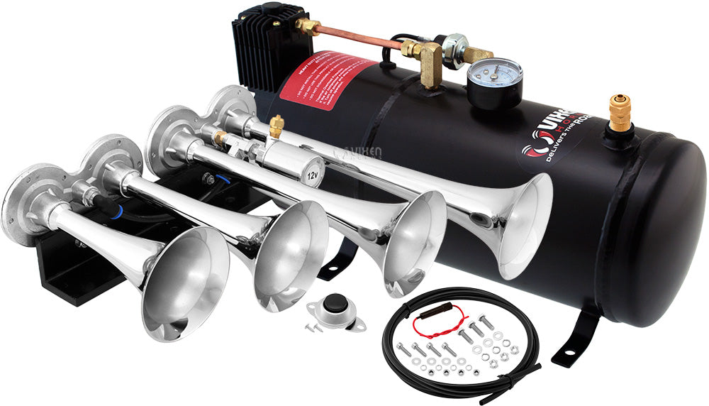 VIXEN HORNS VXO8210/4124C QUAD TRUMPET TRAIN AIR HORN CHROME PLATED WITH 1 GALLON TANK AND 150 PSI COMPRESSOR image 0