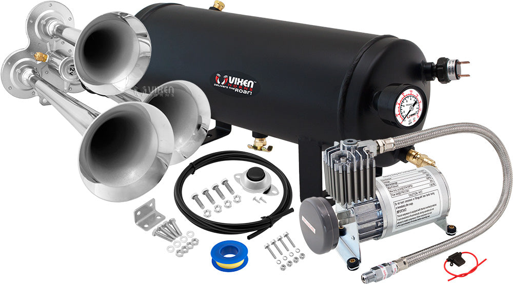 VIXEN HORNS VXO8815/3114 TRIPLE TRUMPET TRAIN AIR HORN CHROME PLATED WITH 1.5 GALLON TANK AND 150 PSI COMPRESSOR image 0