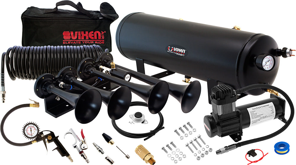 VIXEN HORNS VXO8334BI QUAD TRUMPET TRAIN AIR HORN BLACK WITH 3 GALLON TANK, 200 PSI COMPRESSOR AND TIRE INFLATION KIT image 0