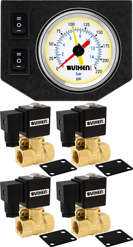 VIXEN AIR VXF1G4012W 1/2" NPT ELECTRIC AIR VALVE (SOLENOID) 250PSI 12V (4-PACK) WITH 1 DUAL NEEDLE GAUGE/2 SWITCH DASH PANEL KIT WHITE image 0