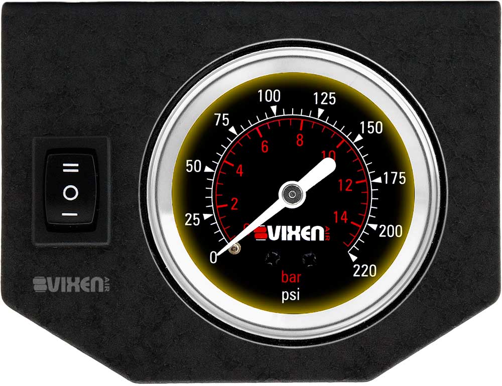 VIXEN AIR VXF1GP1RKB 2″ SINGLE NEEDLE AIR PRESSURE GAUGE METAL DASH PANEL WITH ONE SWITCH BLACK image 0