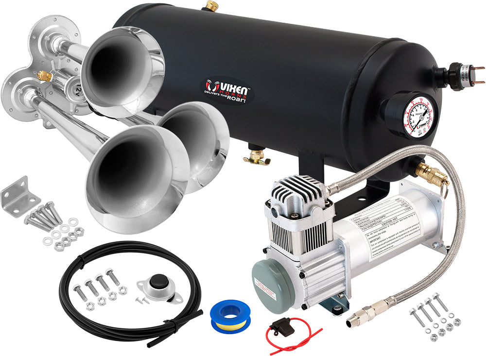 VIXEN HORNS VXO8315/3114C TRIPLE TRUMPET TRAIN AIR HORN CHROME PLATED WITH 1.5 GALLON TANK AND 200 PSI COMPRESSOR image 0