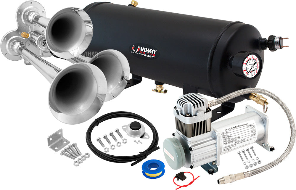 VIXEN HORNS VXO8115/3114 TRIPLE TRUMPET TRAIN AIR HORN CHROME PLATED WITH 1.5 GALLON TANK AND 150 PSI COMPRESSOR image 0