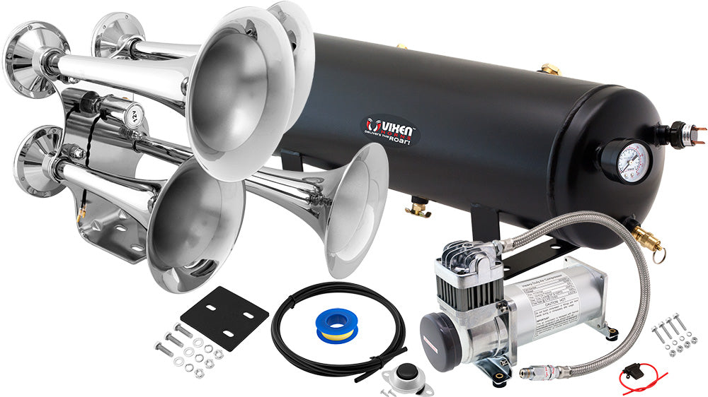 VIXEN HORNS VXO8330/4318 QUAD TRUMPET TRAIN AIR HORN CHROME PLATED WITH 3 GALLON TANK AND 200 PSI COMPRESSOR image 0