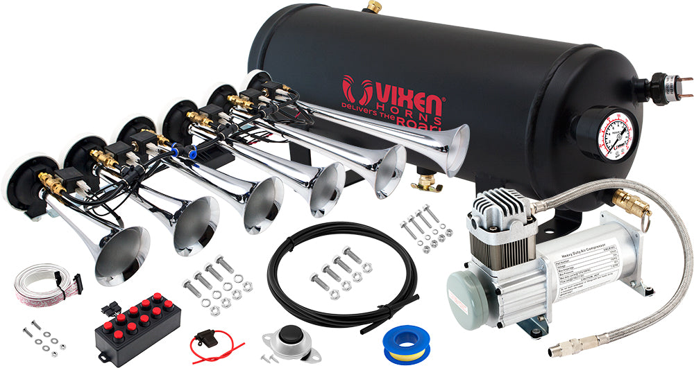 VIXEN HORNS VXO8115/6810C SIX TRUMPET MUSICAL AIR HORN CHROME PLATED WITH 1.5 GALLON TANK AND 150 PSI COMPRESSOR image 0